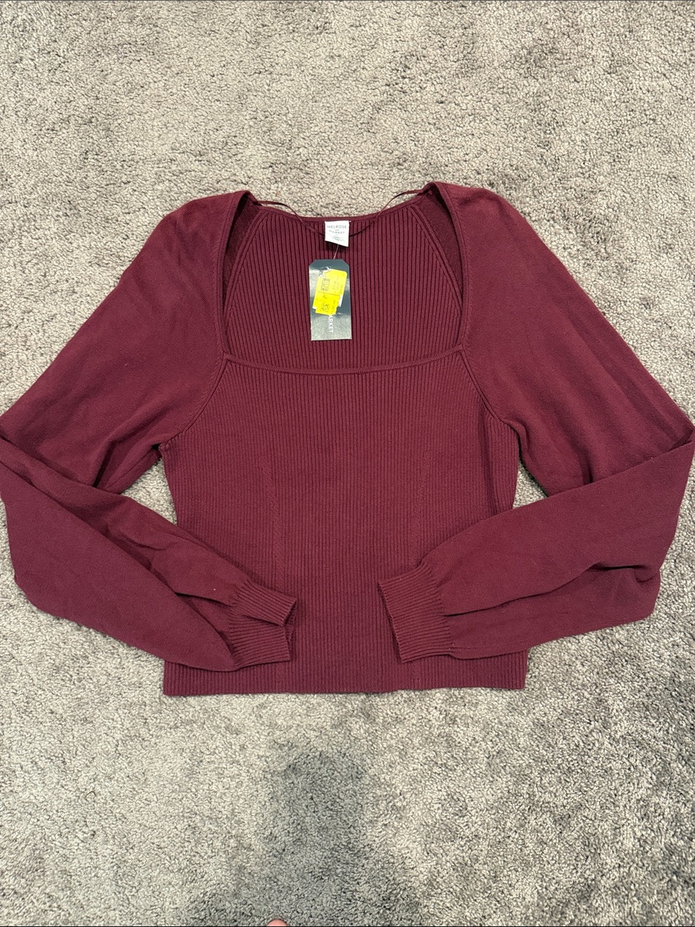 Melrose and Market Ribbed Square-Neck Long Sleeve Top in Burgundy